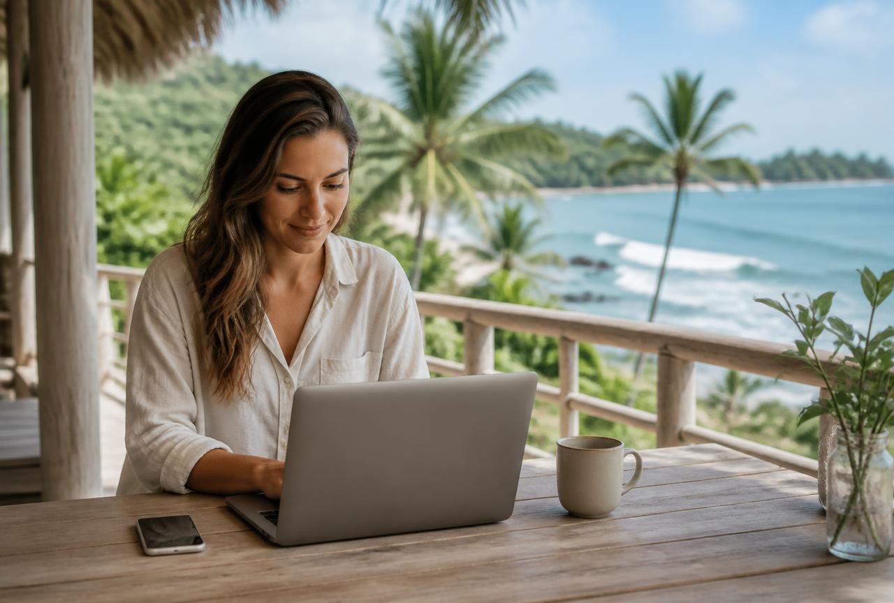 Digital nomad working remotely on a laptop with a Jetpac travel eSIM